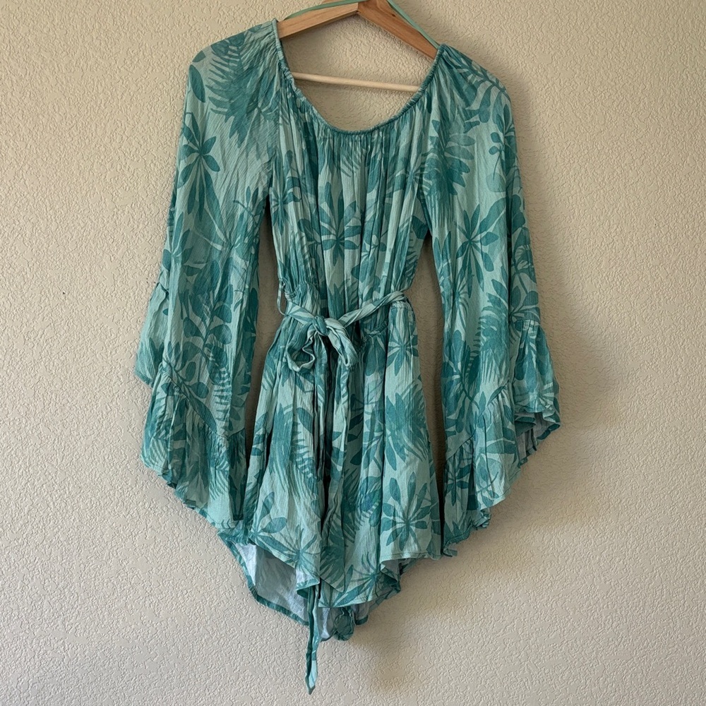 Pink Lily Floral Teal Bell Sleeve Romper